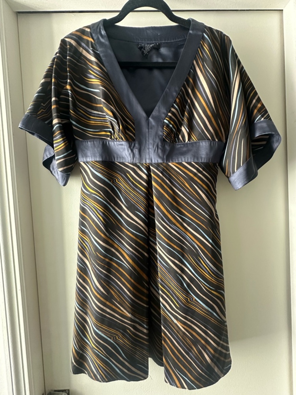 Silk Mini Dress Laundry By Shelli Segal Navy, Brown and Cream Striped V-Neck